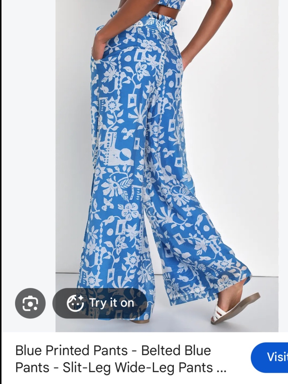 Lulu's Blue & White Floral Wide-Leg Belted Pants